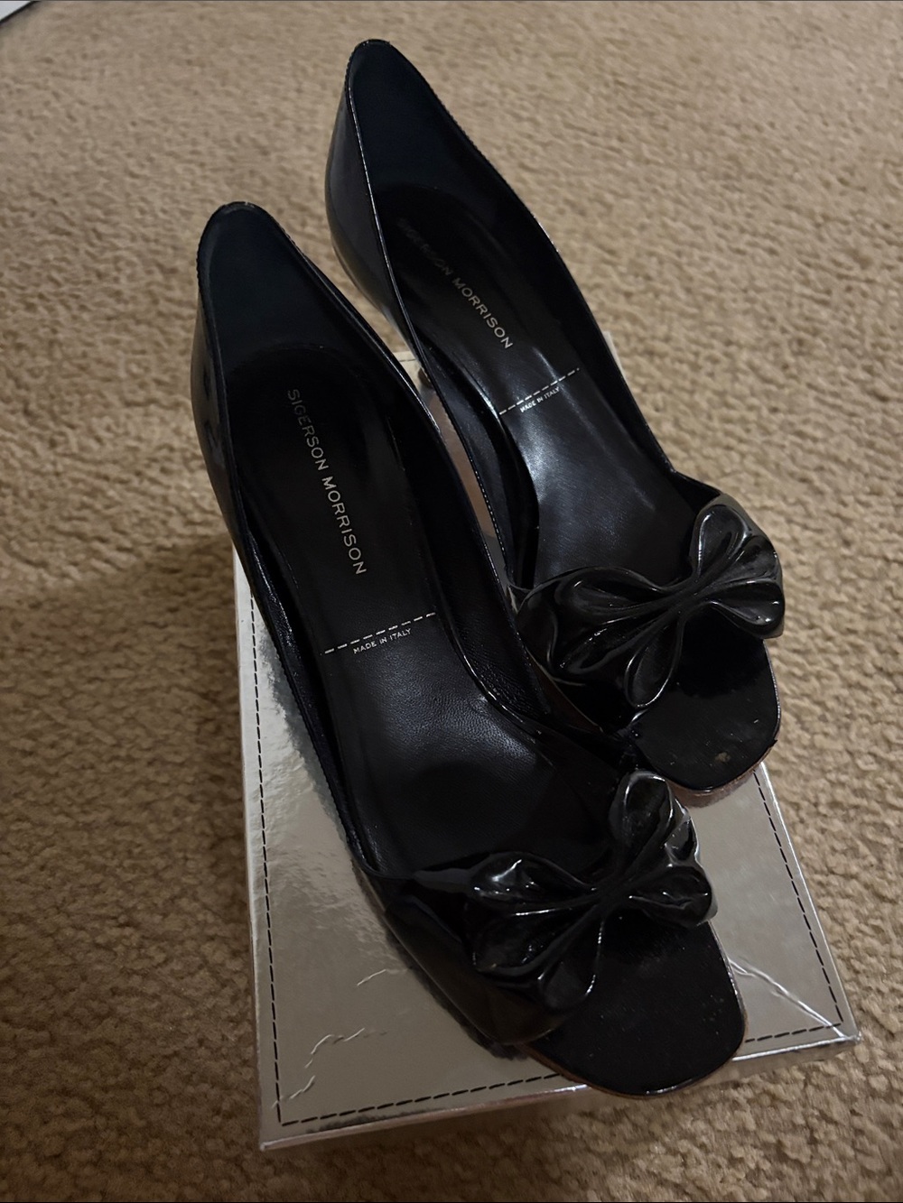 Sigerson Morrison Black Patent Bow Peep Toe Heels